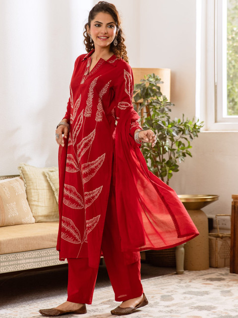 Sangria Printed Pure Cotton Shirt Collar Neck Kurta & Trousers With Dupatta - Image 6