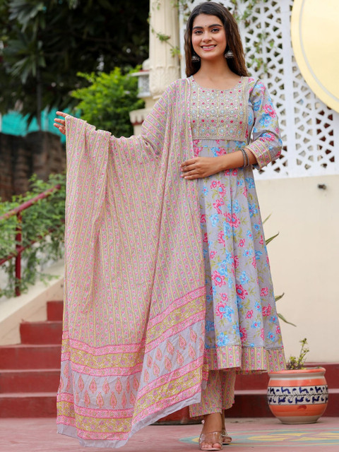 AF ASHA FABRICS Women Floral Printed Panelled Thread Work Pure Cotton Kurta with Trousers & With Dupatta