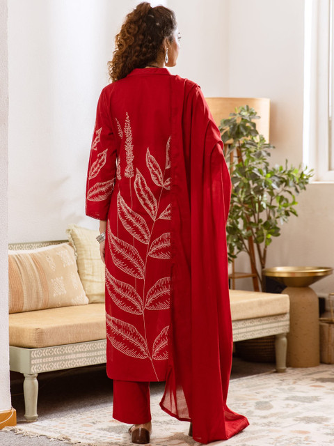 Sangria Printed Pure Cotton Shirt Collar Neck Kurta & Trousers With Dupatta - Image 2