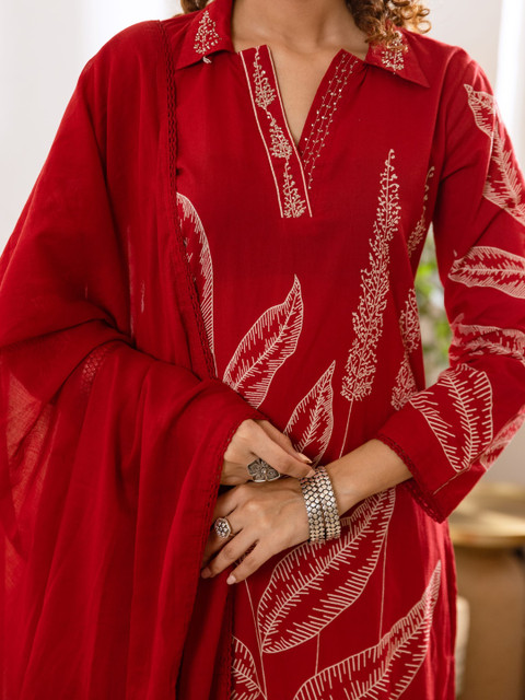 Sangria Printed Pure Cotton Shirt Collar Neck Kurta & Trousers With Dupatta - Image 7