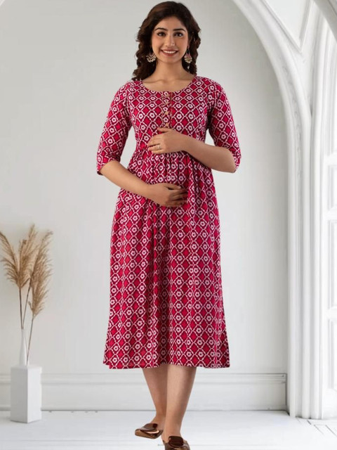 Henal Print Maternity A-Line Midi Dress