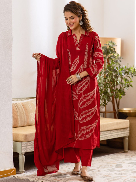 Sangria Printed Pure Cotton Shirt Collar Neck Kurta & Trousers With Dupatta