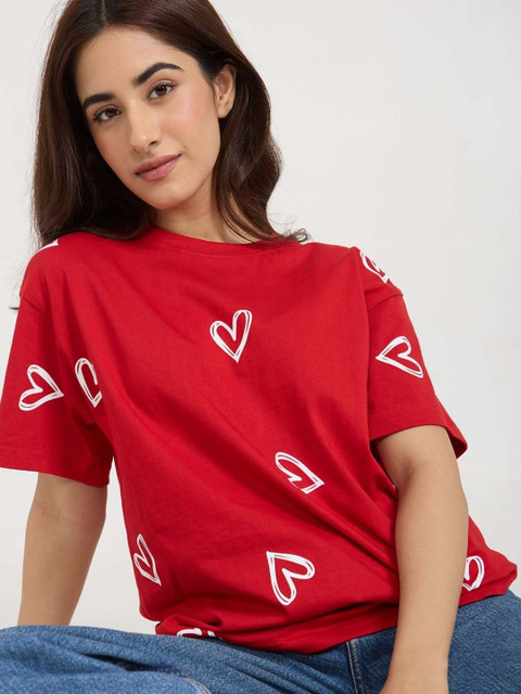 LoveDky Women Conversational Printed Round Neck Cotton Relaxed Fit T-shirt