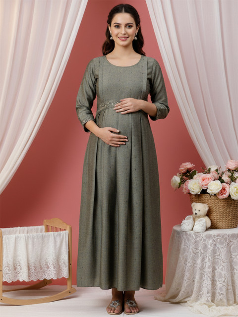 DUMMY SHAPE Embroidered Maternity Pure Cotton A-Line Dress