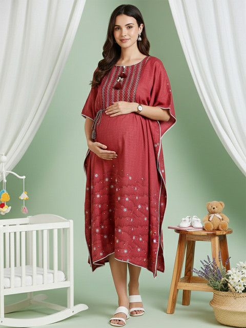 DUMMY SHAPE Floral Embroidered Kimono Sleeves Maternity Kaftan Ethnic Dress