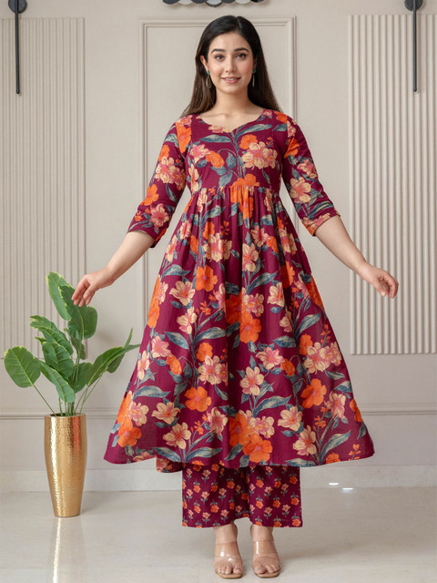 Henal Women Floral Printed Empire Pure Cotton Maternity Kurta With Palazzo