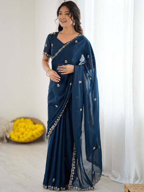 Mitera Embellished Embroidered Poly Georgette Heavy Work Saree