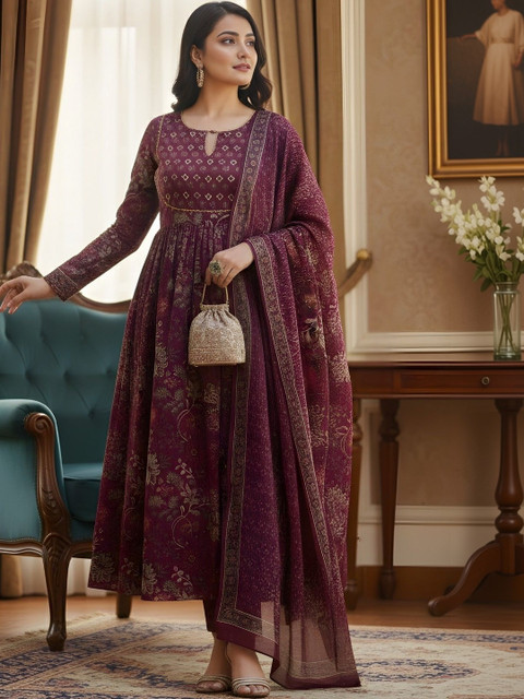 HERE&NOW Women Ethnic Motifs Printed Panelled Kurta with Trousers & With Dupatta