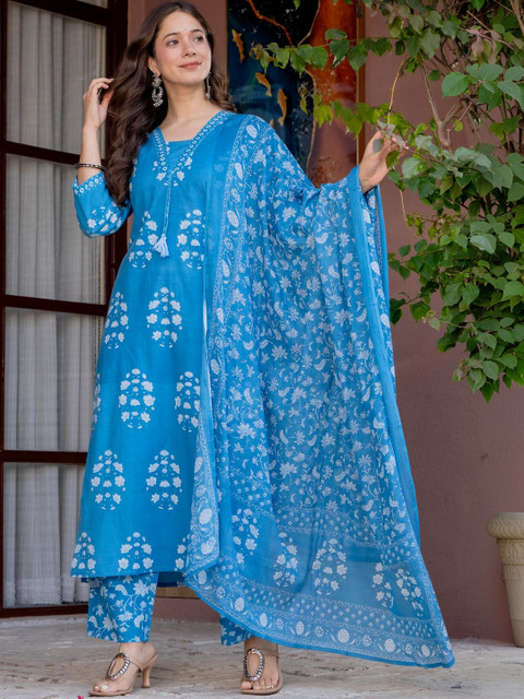 PARTHVI Women Ethnic Motifs Printed Regular Pure Cotton Kurta with Trousers & With Dupatta