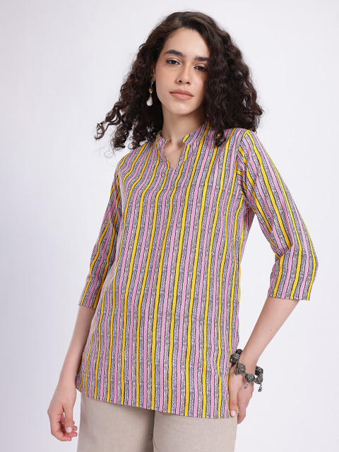 Anouk Rustic Striped Mandarin Collar Straight Kurti