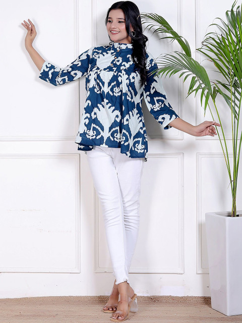 kalakasuti Print Mandarin Collar Cotton Top - Image 4