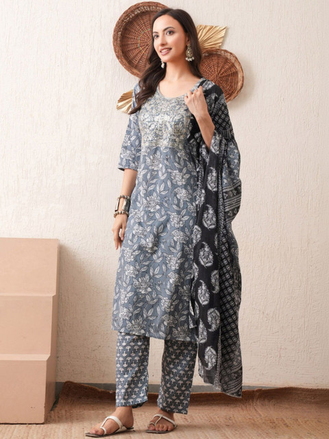 KALINI Women Floral Printed Regular Pure Cotton Kurta with Trousers & With Dupatta