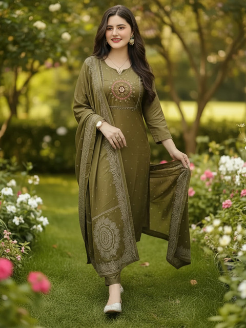 Aaghnya Women Ethnic Motifs Embroidered Regular Thread Work Kurta with Trousers & With Dupatta