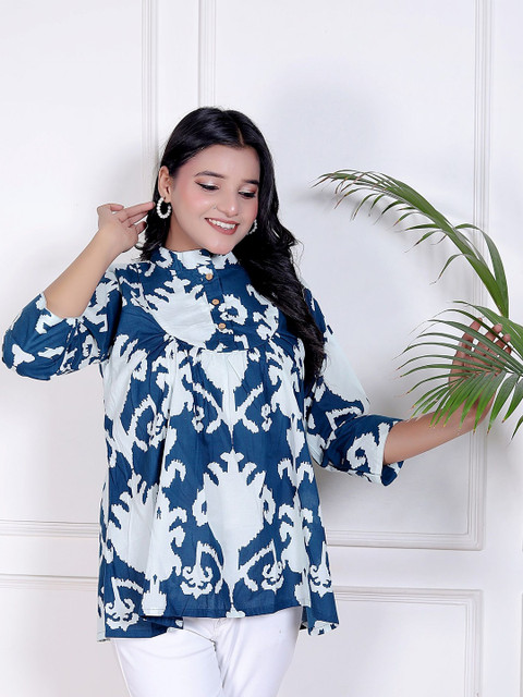 kalakasuti Print Mandarin Collar Cotton Top