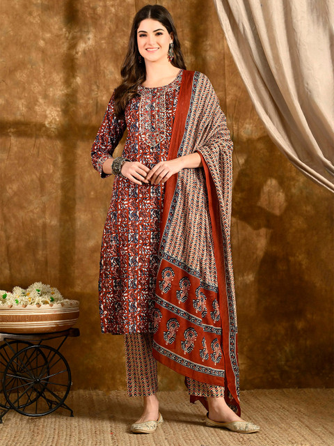 KEOSA Women Ethnic Motifs Printed Regular Thread Work Pure Cotton Kurta with Trousers & With Dupatta