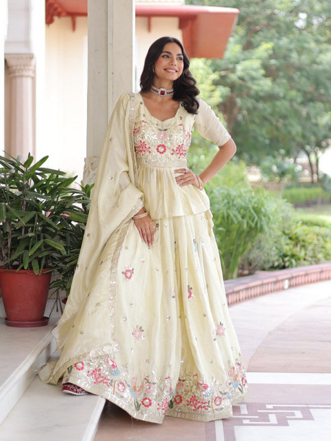 Livewear Embroidered Sequinned Semi-Stitched Lehenga & Blouse With Dupatta