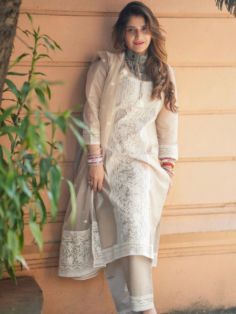 Royal Export Women Ethnic Motifs Embroidered Regular Chikankari Kurta with Trousers & With Dupatta