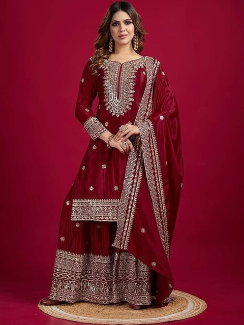 STYFLORA Women Ethnic Motifs Embroidered Sequinned Kurta with Sharara & With Dupatta