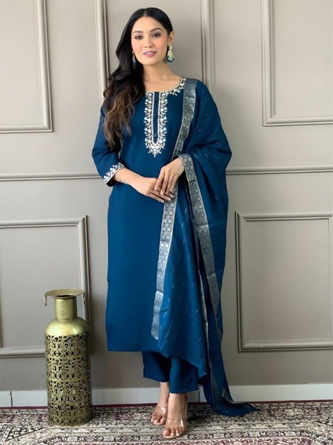 Siya Fashion Women Ethnic Motifs Embroidered Regular Thread Work Kurta with Trousers & With Dupatta