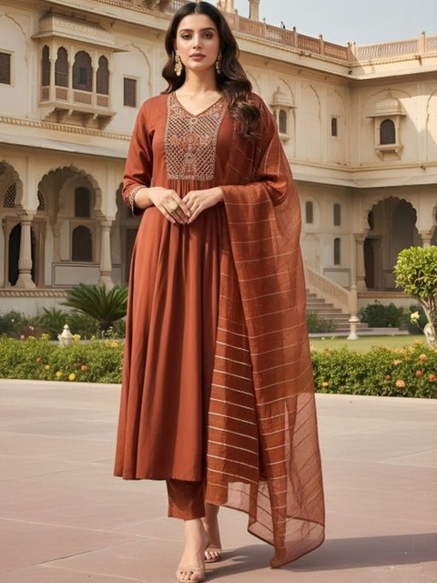 DSK STUDIO Women Ethnic Motifs Embroidered Panelled Thread Work Kurta with Trousers & With Dupatta