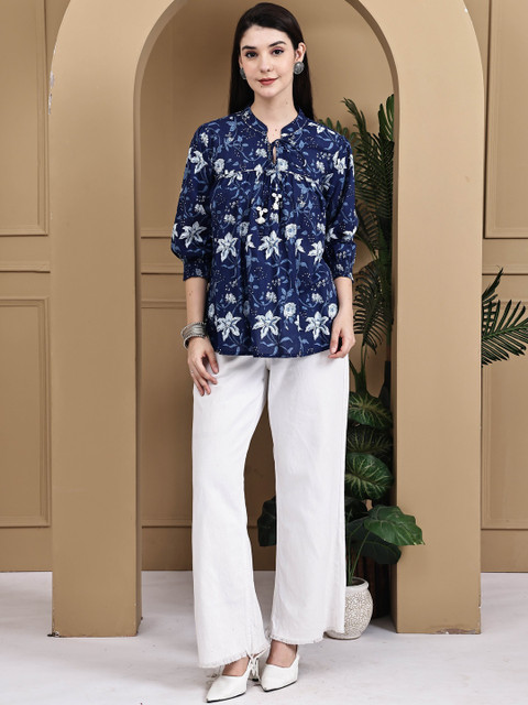 KALINI Floral Print Mandarin Collar Cotton Top