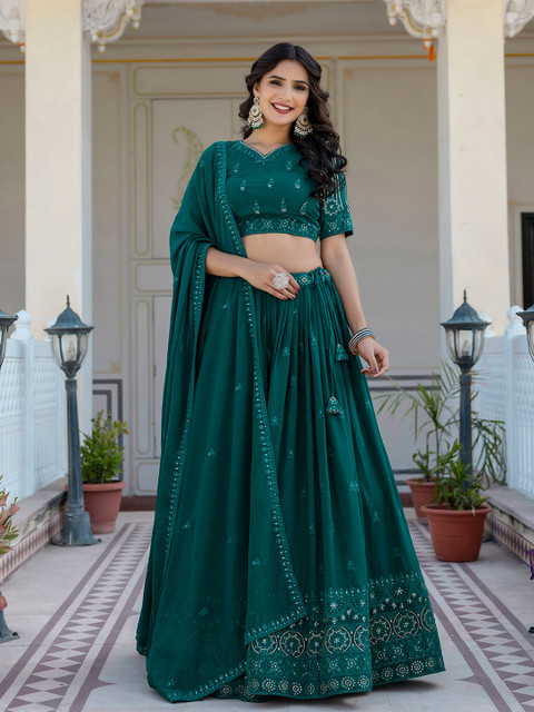 Trendmalls Embroidered Sequinned Semi-Stitched Lehenga & Unstitched Blouse With Dupatta