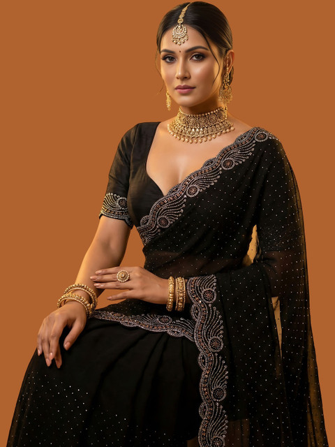 VEMEZ Embellished Zari Satin Heavy Work Saree