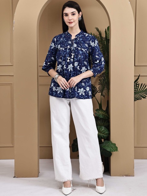 Roly Poly Floral Print Tie-Up Neck Cotton Top