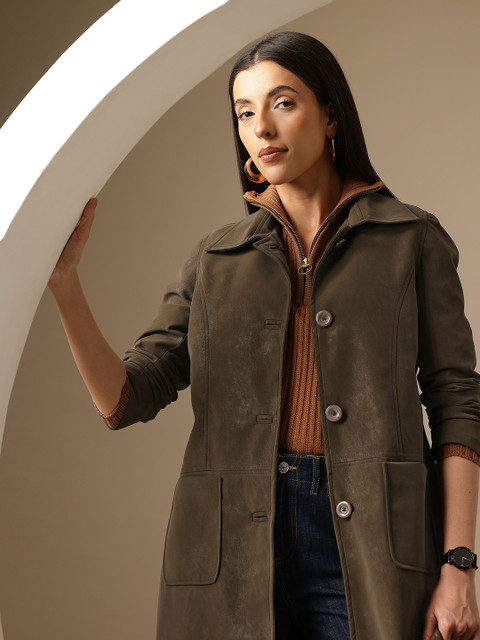 Chemistry Faux Leather Single Breasted Spread Collar Longline Overcoat