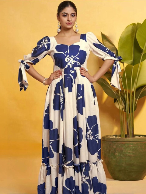 IRVAAH Floral Print Puff Sleeve A-Line Maxi Dress - Image 5