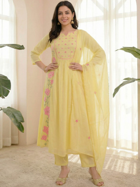 KINDHA Floral Embroidered Panelled Thread Work Pure Silk Kurta with Trousers & Dupatta