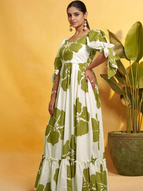 IRVAAH Floral Print Puff Sleeve A-Line Maxi Dress