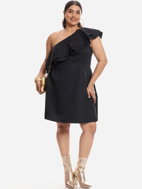 Virgio Solid Cotton One Shoulder Plus Size Mini Dress with Ruffles