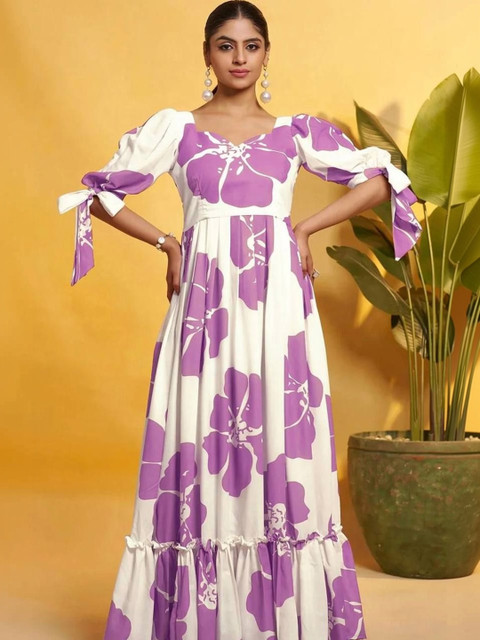 IRVAAH Floral Print Puff Sleeve Ruffled A-Line Maxi Dress