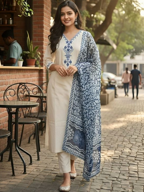 HIVA TRENDZ Women Ethnic Motifs Embroidered Regular Thread Work Pure Cotton Kurta with Trousers & With