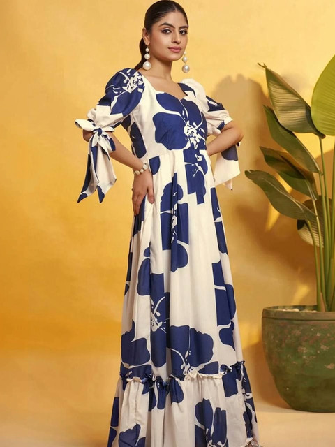 IRVAAH Floral Print Puff Sleeve A-Line Maxi Dress