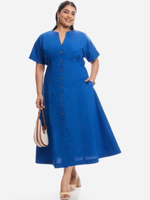 Virgio Solid Cotton V-Neck Short Sleeves Plus Size Dresses