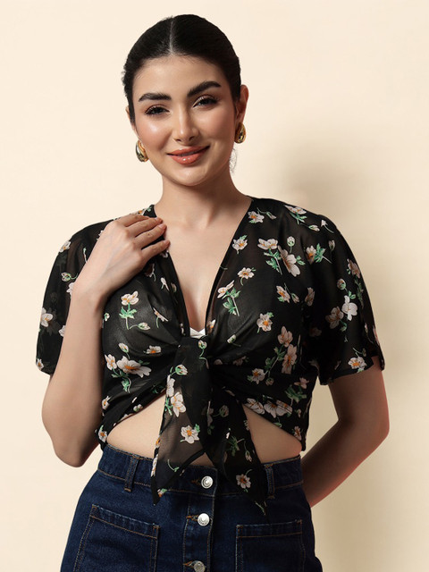 CORSICA Floral Printed Cropped Front Tie-Up Shrug