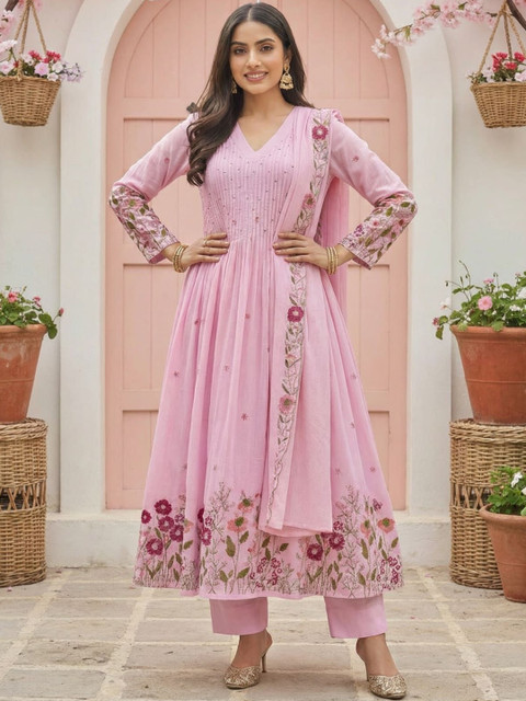 SHAHI COLLECTION Floral Embroidered Panelled Pure Silk Kurta with Trousers & Dupatta