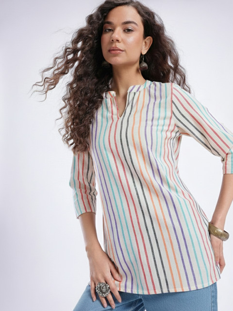 Anouk Rustic Mandarin Collar Striped Straight Kurti
