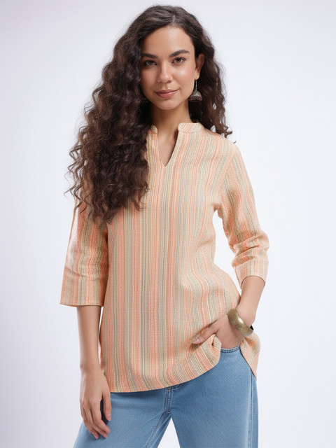 Anouk Rustic Mandarin Collar Striped Straight Kurti