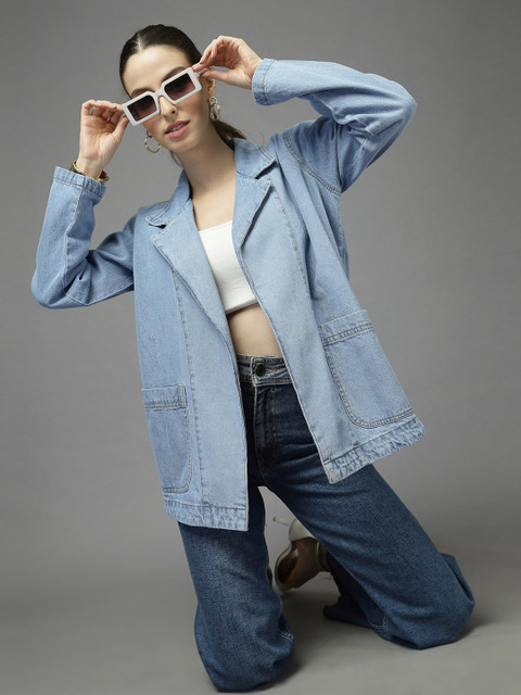 Style Quotient Notched Lapel Collar Denim Trench Coat