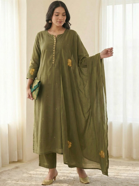 KINDHA Floral Embroidered Regular Thread Work Pure Silk Kurta with Trousers & With Dupatta