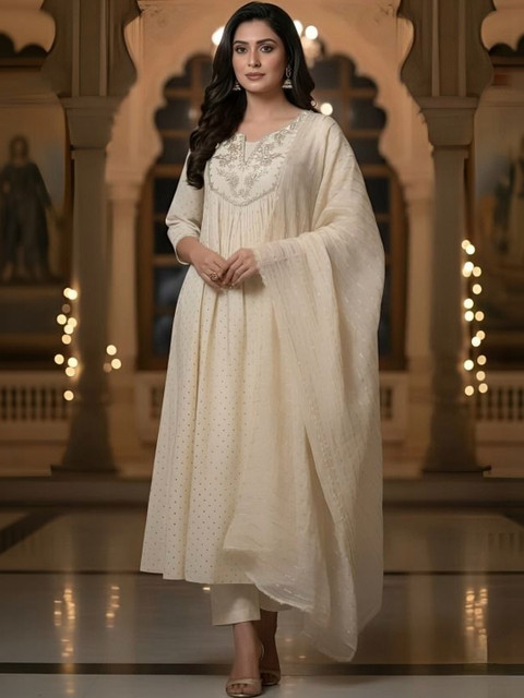 HIVA TRENDZ Women Ethnic Motifs Tiered Thread Work Kurta with Trousers & With Dupatta