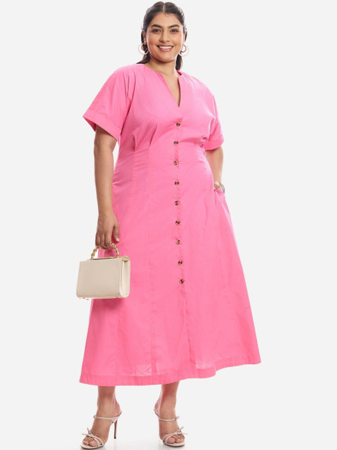 Virgio Solid Cotton V-Neck Short Sleeves Plus Size Maxi Dress