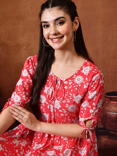 DERAIL Women Floral Print Tie-Up Neck Fit and Flare Dress