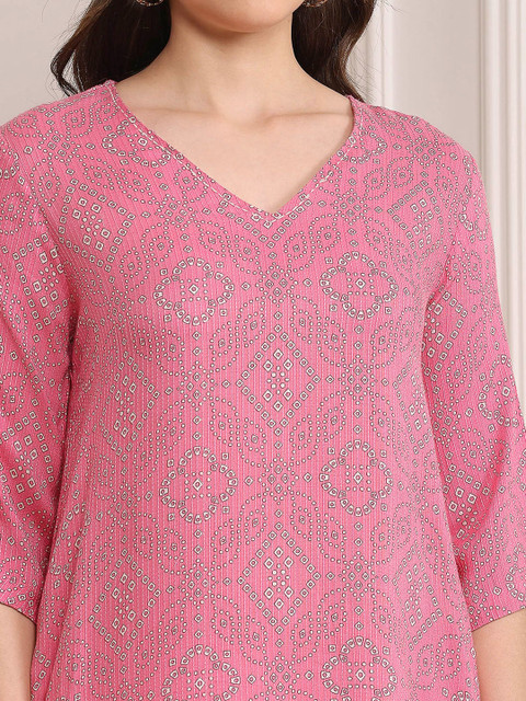 Biba V-Neck Geometric Printed A-Line Kurta - Image 2