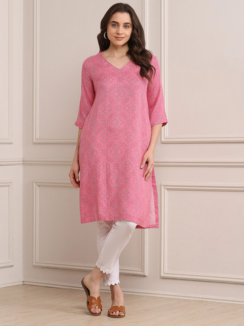 Biba V-Neck Geometric Printed A-Line Kurta