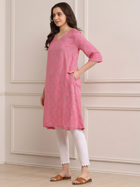 Biba V-Neck Geometric Printed A-Line Kurta - Image 4
