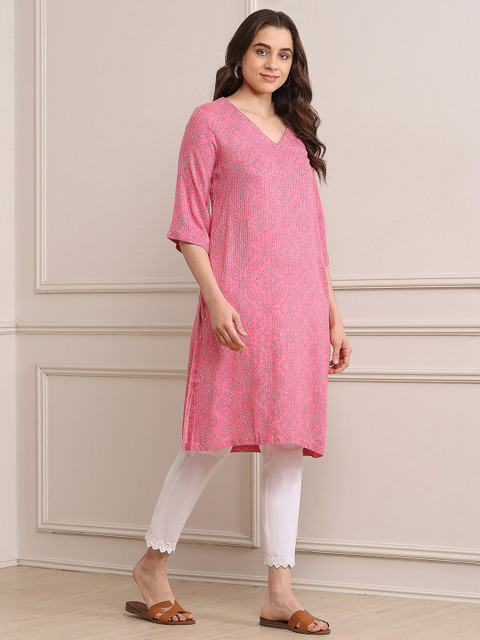 Biba V-Neck Geometric Printed A-Line Kurta - Image 3